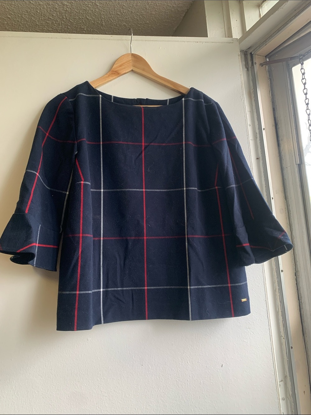 Tommy Hilfiger Navy Windowpane Bell-Sleeve WomenTop Size Large